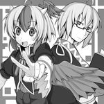  1girl ahoge bird_wings blush book bow glasses greyscale head_wings horns long_sleeves monochrome morichika_rinnosuke open_mouth puffy_sleeves short_hair tokiko_(touhou) touhou v wide_sleeves wings 