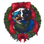  advent_wreath anthro blue_hair bow canine couple dog duo ear_piercing embrace eye_contact female hair male mammal piercing plain_background smile white_background wielder wolf 