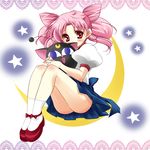  back_bow bad_id bad_pixiv_id bare_legs bishoujo_senshi_sailor_moon blush bow chibi_usa crescent_moon double_bun full_body luna-p moon pink_hair puffy_sleeves red_eyes sakuragawa_chiki school_uniform shoes short_hair sitting solo star toy twintails 