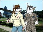  aircraft airman airplane anthro c-130 canine couple duo e-5 enlisted eyewear female glasses lockheed male mammal photo_background soldier staff_sergeant uniform wielder wolf 