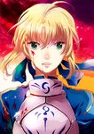  ahoge armor artoria_pendragon_(all) bettyannnewaters blonde_hair blood blood_on_face breastplate dress fate/zero fate_(series) fire green_eyes hair_ribbon ribbon saber solo tears 