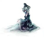  bad_id bad_pixiv_id breasts cis_(carcharias) cleavage dress frills ghost_tail green_dress green_hair hat long_sleeves medium_breasts short_hair sitting soga_no_tojiko solo tate_eboshi touhou white_background yellow_eyes 