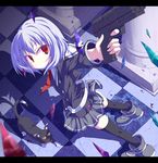  black_cat black_legwear boots cat checkered checkered_floor gun handgun kikka_(ukagaka) letterboxed red_eyes reflection school_uniform silver_hair solo standing taromati thighhighs toraishi_666 towa_(ukagaka) ukagaka weapon 