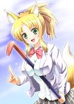  :d animal_ears asumi_kana between_breasts blonde_hair blush breasts cosplay crowbar diesel-turbo dog_days fox_ears fox_tail green_eyes hair_ribbon haiyore!_nyaruko-san holding long_hair md5_mismatch nyarlathotep_(nyaruko-san) nyarlathotep_(nyaruko-san)_(cosplay) open_mouth ponytail ribbon seiyuu_connection skirt smile solo tail yukikaze_panettone 