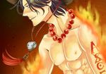  1boy black_hair brown_eyes fire freckles hat jewelry jolly_roger male male_focus muscle necklace one_piece pirate portgas_d_ace profile smile solo tattoo topless 