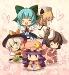  :&lt; animal_ears blonde_hair blue_hair blueberry_(5959) book bunny_ears bunny_tail chibi cirno crescent dress dress_lift drill_hair green_eyes heart highres inaba_tewi komeiji_koishi luna_child multiple_girls one_eye_closed patchouli_knowledge purple_eyes purple_hair red_eyes silver_hair sitting tail touhou wings 