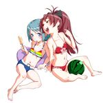  arm_support bad_id bad_pixiv_id bare_shoulders barefoot bikini blue_eyes blue_hair bow feet flat_chest food fruit hair_bow halterneck long_hair mahou_shoujo_madoka_magica miki_sayaka multiple_girls navel oono_tsutomu open_mouth ponytail popsicle reclining red_bikini red_eyes red_hair sakura_kyouko short_hair simple_background sitting swimsuit tongue tongue_out watermelon white_background 