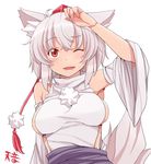  ;d animal_ears arm_up bare_shoulders blush breasts hasu_(hk_works) hat impossible_clothes impossible_shirt inubashiri_momiji large_breasts one_eye_closed open_mouth shirt short_hair sideboob simple_background smile solo tokin_hat touhou white_background white_hair wolf_ears 