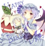  animal_ears bat_wings blue_hair character_doll dog_ears doll finger_to_mouth gloves happy_birthday hat heart highres izayoi_sakuya maid maid_headdress red_eyes remilia_scarlet senju_(uroakono) shushing smile solo tail touhou wings 