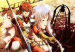  2girls adol_christin ancient_ys_vanished armor bare_shoulders blue_eyes brown_hair closed_eyes feena_(ys) gloves lilia_(ys) long_hair multiple_girls pauldrons red_hair serious sword weapon white_hair xiacheng_tatsuya ys 