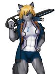  blonde_hair breasts canine clothing cybernetics female glowing green_eyes gun hair jacket jensca looking_at_viewer mammal open_mouth ranged_weapon short_hair shorts slowfag solo weapon wolf 