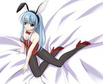  animal_ears arm_support blue_hair bow bowtie breasts bunny_ears bunnysuit cleavage detached_collar green_eyes high_heels highres long_hair medium_breasts original pantyhose solo wrist_cuffs yumemi_(kiowa) 