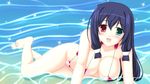  :d asama_tomo barefoot bikini blue_hair blush breasts cleavage green_eyes hair_tubes heterochromia highres kyoukaisenjou_no_horizon large_breasts long_hair nora_(otome70121) open_mouth red_eyes smile solo swimsuit water 