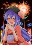  alternate_costume blue_hair blush closed_eyes dress fireworks floral_print food fruit hands_clasped hat highres hinanawi_tenshi japanese_clothes kimono long_hair open_mouth own_hands_together peach red_dress reflection sash smile solo touhou wakagi_repa wide_sleeves 