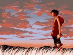  1boy black_hair cloud clouds grass hat male male_focus male_only monkey_d_luffy one_piece outdoors red_vest scar scenery shorts sky solo standing straw_hat vest wind 