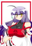  ahoge akasode_(tyaramu) bare_shoulders blue_hair blush border breast_hold breasts crossed_arms detached_sleeves huge_breasts m.u.g.e.n nontraditional_miko ofuda original red_border sendai_hakurei_no_miko solo touhou wide_sleeves yellow_eyes 