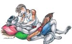  canine clothing couple duo embrace female lying male mammal pillow plain_background shorts smile topless white_background wielder wolf 