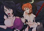  2girls arm arm_grab arms bare_shoulders bat_wings black_hair blush bracelet breasts brown_eyes cleavage clenched_teeth clothes_grab collar collarbone crescent_moon demon_girl demon_tail demon_wings evil_smile fang female grey_eyes half-closed_eyes highres huge_breasts jacket jewelry large_breasts mattsun_(lyohei-adgjmptw) midriff monster_girl moon multiple_girls nami nami_(one_piece) naughty_face navel nico_robin night night_sky no_nipples off_shoulder one_piece open_mouth orange_hair scared short_hair sickle sky smile star stars strap_slip succubus surprised tail tattoo teeth undressing wings you_gonna_get_raped yuri 