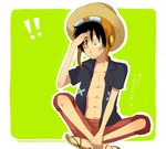  1boy black_hair full_body goggles green_background hat indian_style male male_focus male_only monkey_d_luffy one_piece one_piece:_strong_world open_clothes open_shirt red_shorts sandals scar shirt shorts simple_background sitting solo straw_hat 