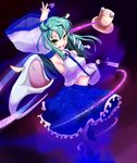  animal armpits fang frills frog_hair_ornament glowing glowing_eyes green_eyes green_hair hair_ornament hat highres kochiya_sanae long_hair long_sleeves open_mouth outstretched_hand pyonta red_eyes salixcbose snake_hair_ornament solo touhou wide_sleeves 