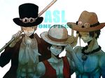  3boys abs brother brothers cravat goggles hat jacket jewelry male male_focus monkey_d_luffy multiple_boys muscle necklace one_piece open_clothes open_jacket open_vest pole portgas_d_ace sabo_(one_piece) sad_face scar siblings smiley_face straw_hat text top_hat topless vest wink 