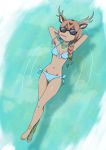  1girl afloat animal_ears anklet antlers arms_behind_head arms_up axis_deer_(kemono_friends) bare_arms bare_legs barefoot bikini blue_bikini blue_swimsuit braid brown_hair collarbone commentary_request dangorou_(yushi-art) dark_skin day deer_ears deer_tail drinking drinking_straw from_above full_body japari_symbol jewelry kemono_friends legs_crossed long_hair navel outdoors side-tie_bikini side-tie_bottom single_braid solo stomach sunglasses swimsuit tail toes water 