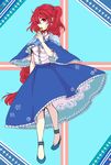  alternate_costume bad_id bad_pixiv_id braid capelet cross earrings frills highres jewelry long_hair long_skirt okazaki_yumemi red_eyes red_hair shimana_(cs-ts-az) side_ponytail single_braid skirt solo touhou touhou_(pc-98) very_long_hair 