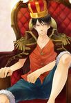  1boy brown_hair chair crown denim denim_shorts epaulettes grey_eyes hat jacket jacket_on_shoulders looking_at_viewer male male_focus monkey_d_luffy one_piece red_upholstery red_vest scar shorts simple_background sitting solo straw_hat vest white_background 