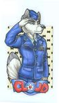  badge blue blue_clothing blue_hat canine cloud male mammal plain_background salute scan smile uniform white_background wielder wolf 