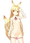  animal_ears blonde_hair copyright_request flat_chest long_hair navel nipples panties panty_pull pussy sentou simple_background solo tail underwear yellow_eyes 