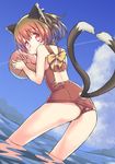  animal_ears ball bow brown_hair casual_one-piece_swimsuit cat_ears cat_tail chen cloud day earrings gradient_hair jewelry multicolored_hair multiple_tails one-piece_swimsuit red_eyes sasaharu short_hair sky solo swimsuit tail touhou water 
