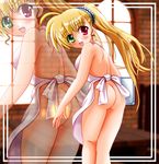  apron ass blackjunk blonde_hair blush green_eyes heterochromia long_hair lyrical_nanoha mahou_shoujo_lyrical_nanoha_vivid naked_apron open_mouth red_eyes side_ponytail solo vivio 