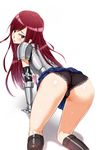  armor ass blush erza_scarlet fairy_tail gloves grey_eyes jirou_(62sand3gemt9) legs long_hair looking_back panties red_hair simple_background solo underwear 