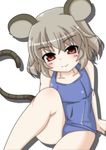  alternate_costume animal_ears blush brown_eyes collarbone covered_navel grey_hair leg_up looking_at_viewer masiromu mouse_ears mouse_tail nazrin one-piece_swimsuit school_swimsuit short_hair sitting smile solo swimsuit tail touhou 