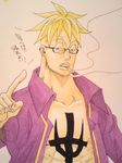  1boy blonde_hair cigarette glasses jolly_roger male male_focus marco one_piece open_clothes open_shirt pirate purple_shirt shirt smoking solo tattoo 