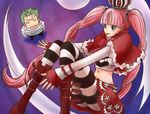 1boy 1girl bandage bangs black_pants boots crown duo earrings female flying ghost green_hair jewelry kuraigana_island male midriff one_piece pants perona pink_hair red_shoes roronoa_zoro shirt shoes short_cape skirt standing striped striped_legwear tongue tongue_out twintails white_shirt 