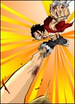  1boy black_hair blood fighting frown hat hat_off hat_removed headwear_removed male male_focus monkey_d_luffy one_piece open_clothes open_vest rubber running scar shorts solo teeth vest 