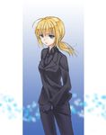  ahoge artoria_pendragon_(all) bad_id bad_pixiv_id black_gloves blonde_hair fate/zero fate_(series) formal gloves green_eyes keiko220 long_hair necktie pant_suit saber solo suit 