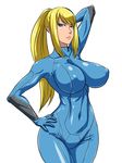  blonde_hair blue_eyes bodysuit breasts covered_nipples hand_behind_head hand_on_hip hips impossible_clothes large_breasts long_hair looking_at_viewer metroid ml navel samus_aran simple_background skin_tight wide_hips zero_suit 