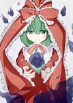  acchii_(akina) black_fire bow dress fire frills front_ponytail green_eyes green_hair hair_bow hair_ornament hair_ribbon highres kagiyama_hina long_hair red_dress ribbon solo touhou 