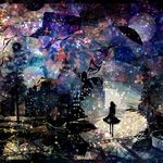  abstract_background bad_id bad_pixiv_id cityscape frilled_skirt frills harada_miyuki highres long_hair moon original scenery shadow skirt solo tree umbrella walking 