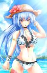  bikini blue_eyes blue_hair bracelet breasts choker cowboy_shot flower food hat hat_flower hibiscus highres hinanawi_tenshi jewelry large_breasts long_hair open_mouth popsicle red_eyes solo straw_hat swimsuit touhou uumenn very_long_hair water watermelon_bar 