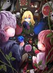  2girls apple arie9 bad_id bad_pixiv_id blonde_hair blue_eyes blue_flower blue_rose book bouquet brown_hair bunny candy cat doll doll_(ib) dress eyeball flower food fruit garry_(ib) grin hair_over_one_eye highres ib ib_(ib) key lady_in_red_(ib) long_hair looking_back mannequin mary_(ib) multiple_girls painting_(object) palette_knife petals purple_hair puzzle_piece quill red_eyes red_flower red_rose rose smile umbrella yellow_eyes yellow_flower yellow_rose 