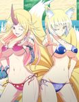  animal_ears bikini blonde_hair breasts chain cleavage cuffs fang fox_ears fox_tail h-new hand_on_hip highres horn hoshiguma_yuugi large_breasts long_hair looking_at_viewer multiple_girls multiple_tails navel no_hat no_headwear one_eye_closed pointing red_eyes shackles short_hair side-tie_bikini smile sweat swimsuit tail touhou wet yakumo_ran yellow_eyes 