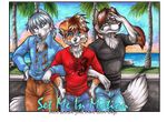  blue_eyes canine clothed clothing fox grass group looking_at_viewer male mammal necktie outside palm sea seaside solo water wielder wolf 