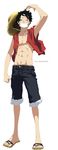  1boy abs black_hair full_body hat long_image male male_focus meissdes monkey_d_luffy one_piece open_clothes open_vest sandals scar shorts smile solo standing straw_hat tall_image teeth vest 