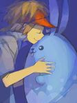  azumarill blue_background brown_hair closed_eyes gen_2_pokemon height_difference holding kiss kyouhei_(pokemon) lechuza pokemon pokemon_(creature) pokemon_(game) pokemon_bw2 tegaki visor_cap 