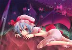  arm_garter bad_id bad_pixiv_id bat bat_wings blue_hair bow demon_girl dress glowing hat lying night night_sky on_stomach open_mouth outdoors pink_eyes pochi-t remilia_scarlet ribbon short_hair sky solo touhou wings 