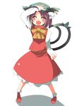  ^_^ animal_ears bad_id bad_pixiv_id blaze_(artist) brown_hair cat_ears cat_tail chen closed_eyes earrings fang hat jewelry multiple_tails ribbon short_hair solo tail tail_ribbon touhou 