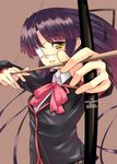  aiming arrow bad_id bad_pixiv_id black_hair bow bow_(weapon) drawing_bow eyepatch furai hair_ribbon holding holding_arrow holding_bow_(weapon) holding_weapon koshiki_miyuki little_busters! outstretched_arm pink_bow purple_hair ribbon solo weapon yellow_eyes 